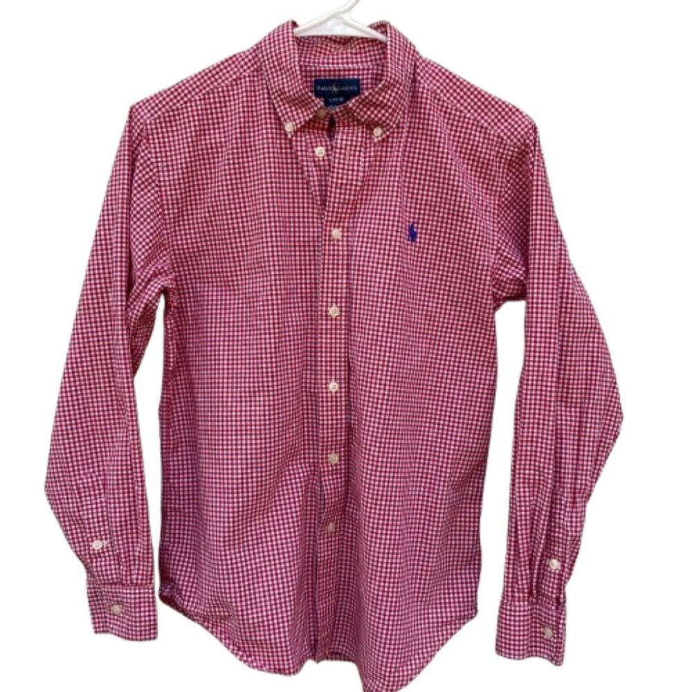 Ralph Lauren Boy's Checked Button Down LS Shirt, Red & White Cotton, sz 14-16
